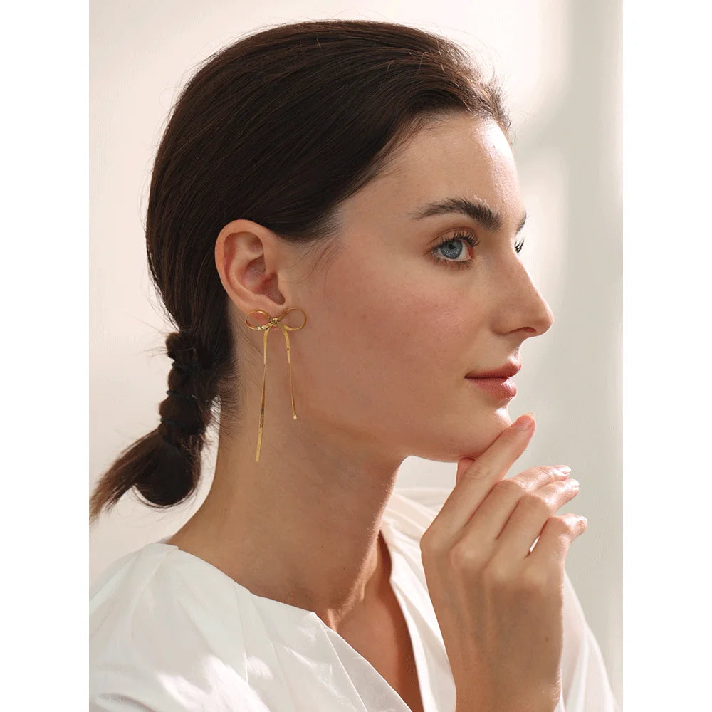 Bowknot Blow Chain Long Tassel Drop Earrings