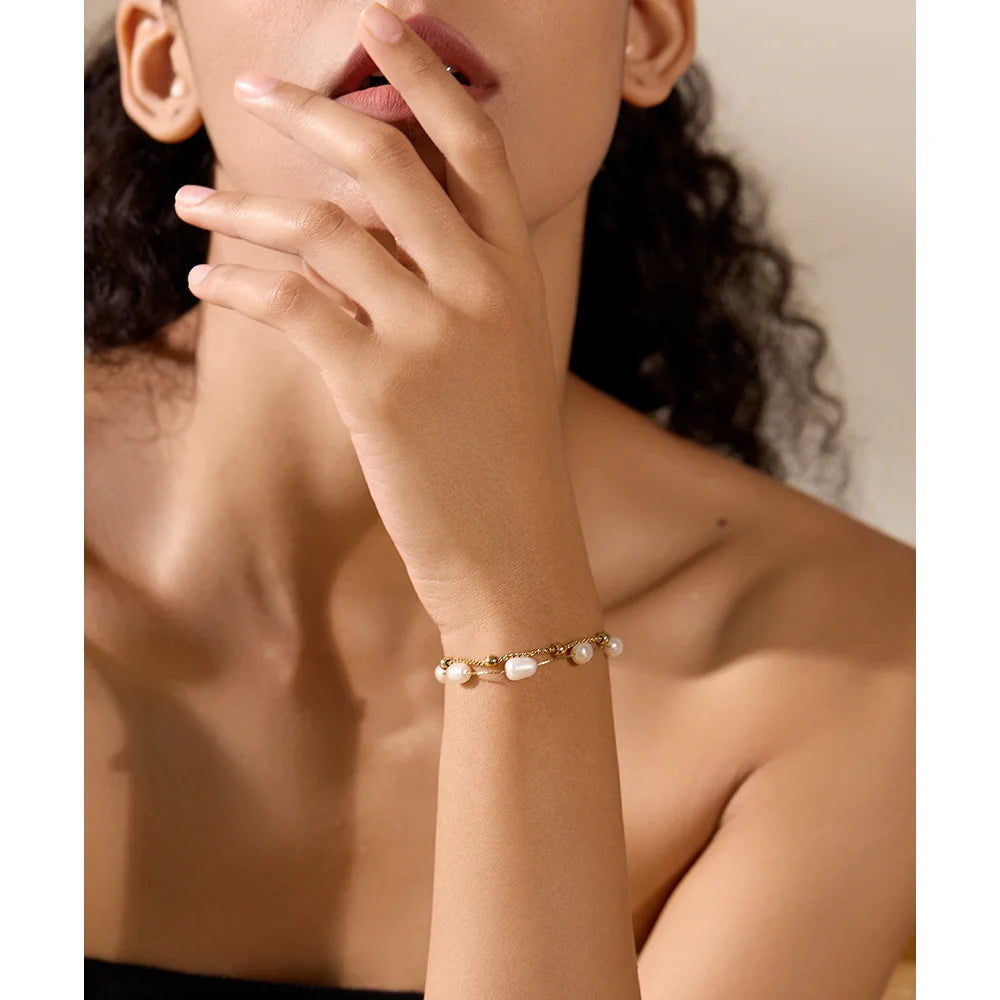 Natural Pearls Double Layer Chain Charm Bracelet Bangle