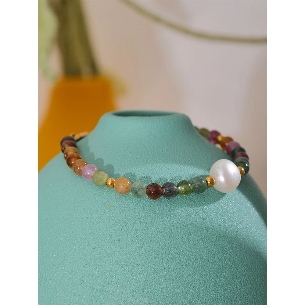 Natural Tourmaline Stone Pearl Colorful Bead Bracelet