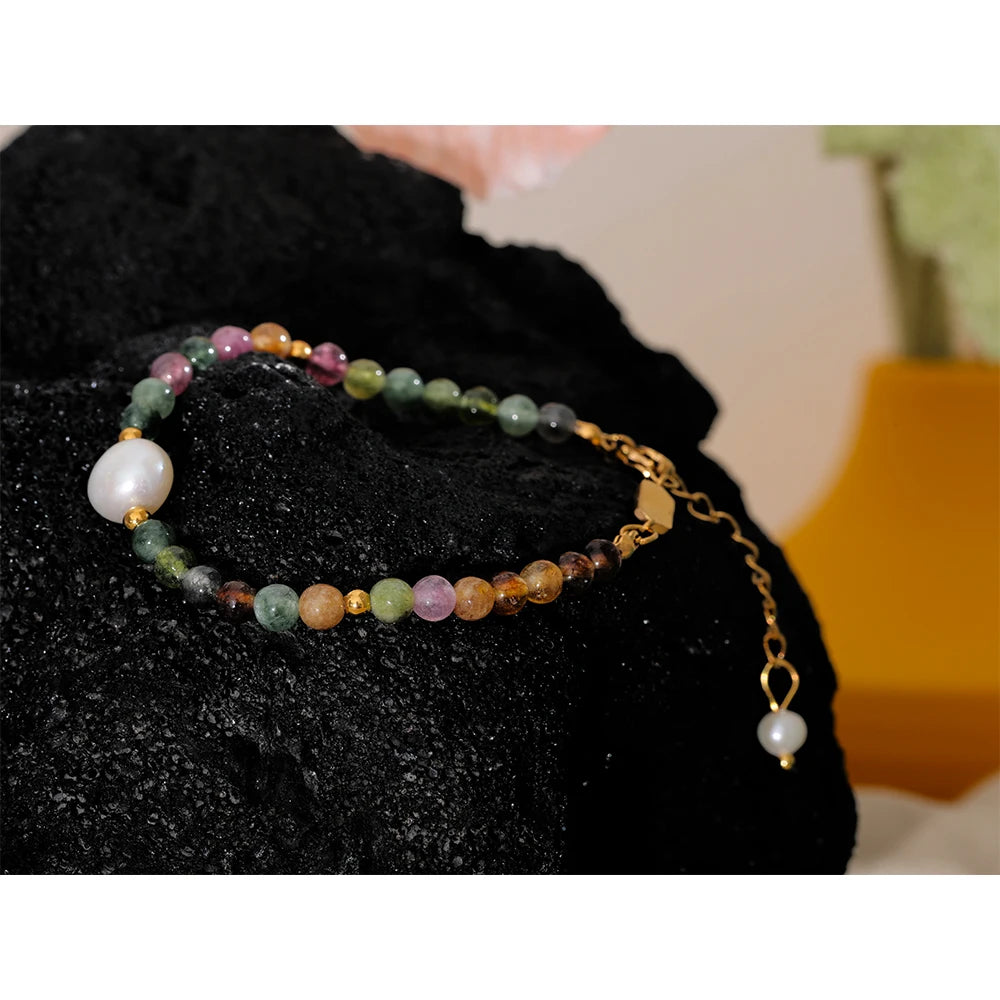 Natural Tourmaline Stone Pearl Colorful Bead Bracelet