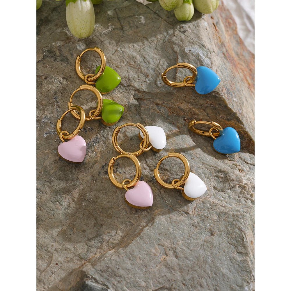 Heart Enamel Drop Hoop Earrings