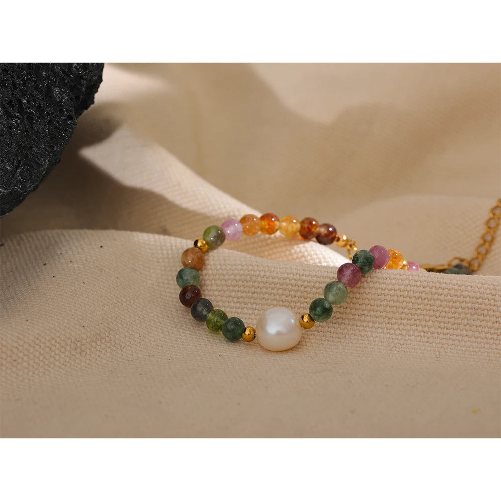 Natural Tourmaline Stone Pearl Colorful Bead Bracelet