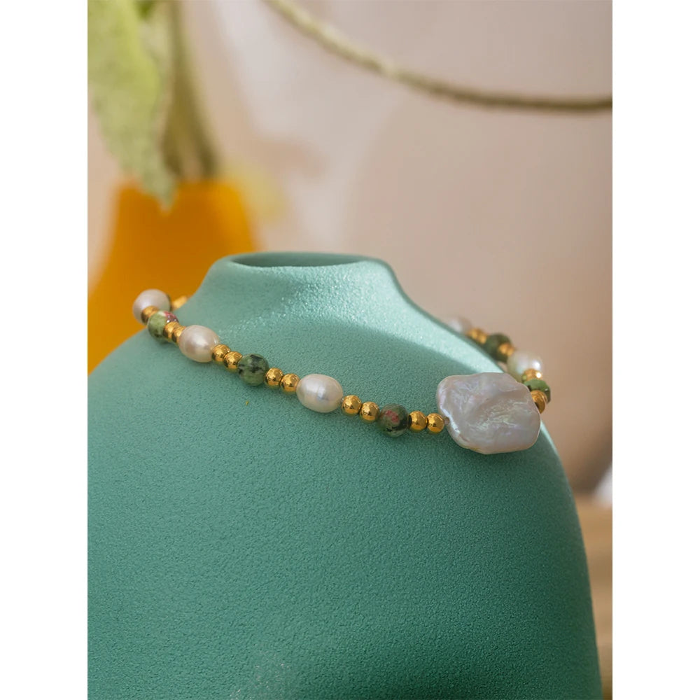 Natural Epidote Stone Freshwater Pearls Beads Bracelet