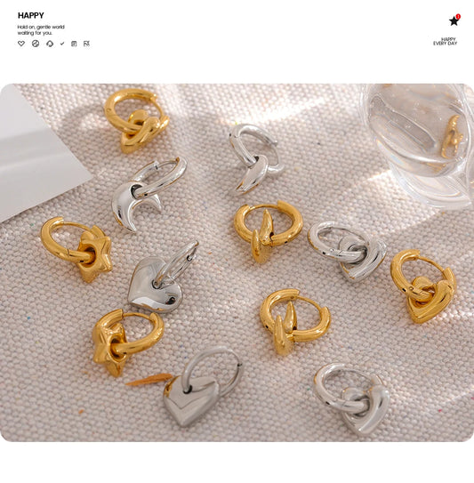 Star Moon Heart Pendant Drop Hoop Earrings