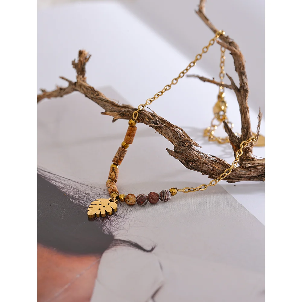 Natural Stone Chain Leaf Drop Handmade Bracelet